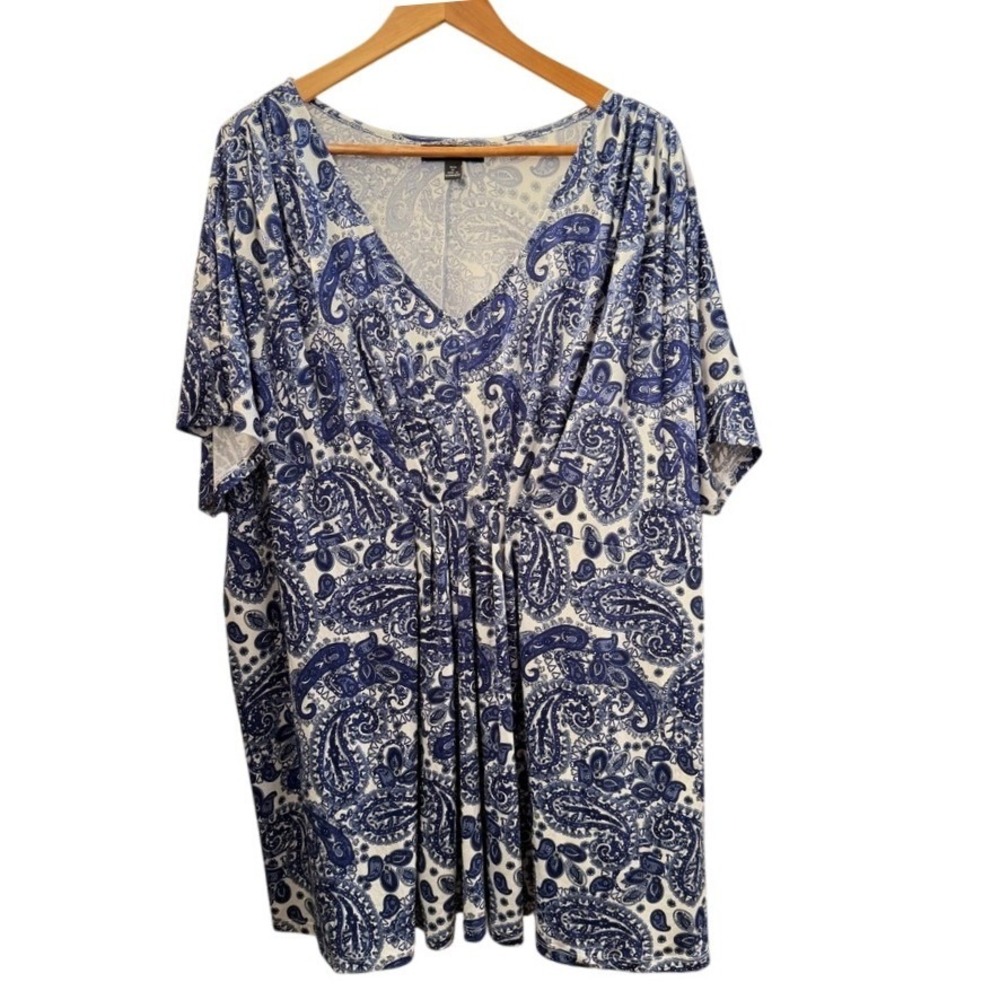 Ellos Paisley Plus Size Tunic Top 2X Blue White Boho Short‎ Sleeve V-Neck Curvy